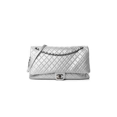 CHANEL METALLIC CALFSKIN QUILTED XXL TRAVEL FLAP BAG SILVER (44*25*14cm)